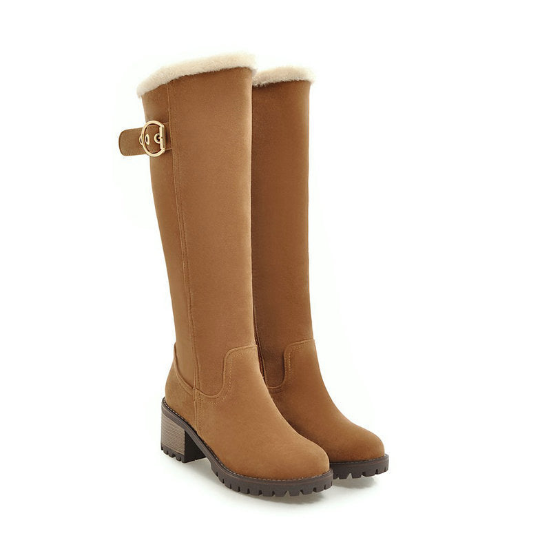 Buckle Embellished Mid-heel Winter Warm Long Boots