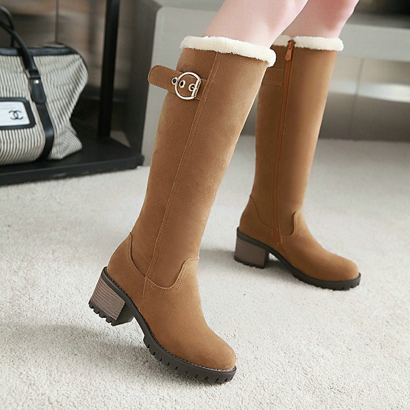 Buckle Embellished Mid-heel Winter Warm Long Boots