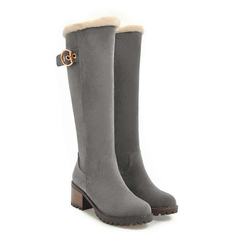 Buckle Embellished Mid-heel Winter Warm Long Boots