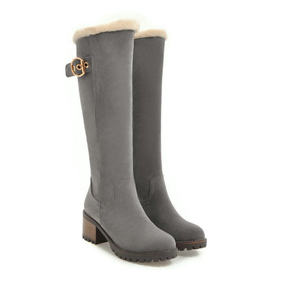 Buckle Embellished Mid-heel Winter Warm Long Boots