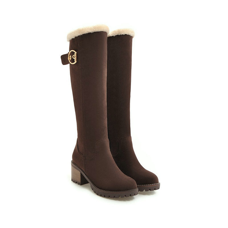 Buckle Embellished Mid-heel Winter Warm Long Boots