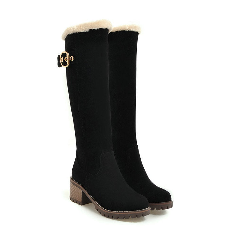 Buckle Embellished Mid-heel Winter Warm Long Boots